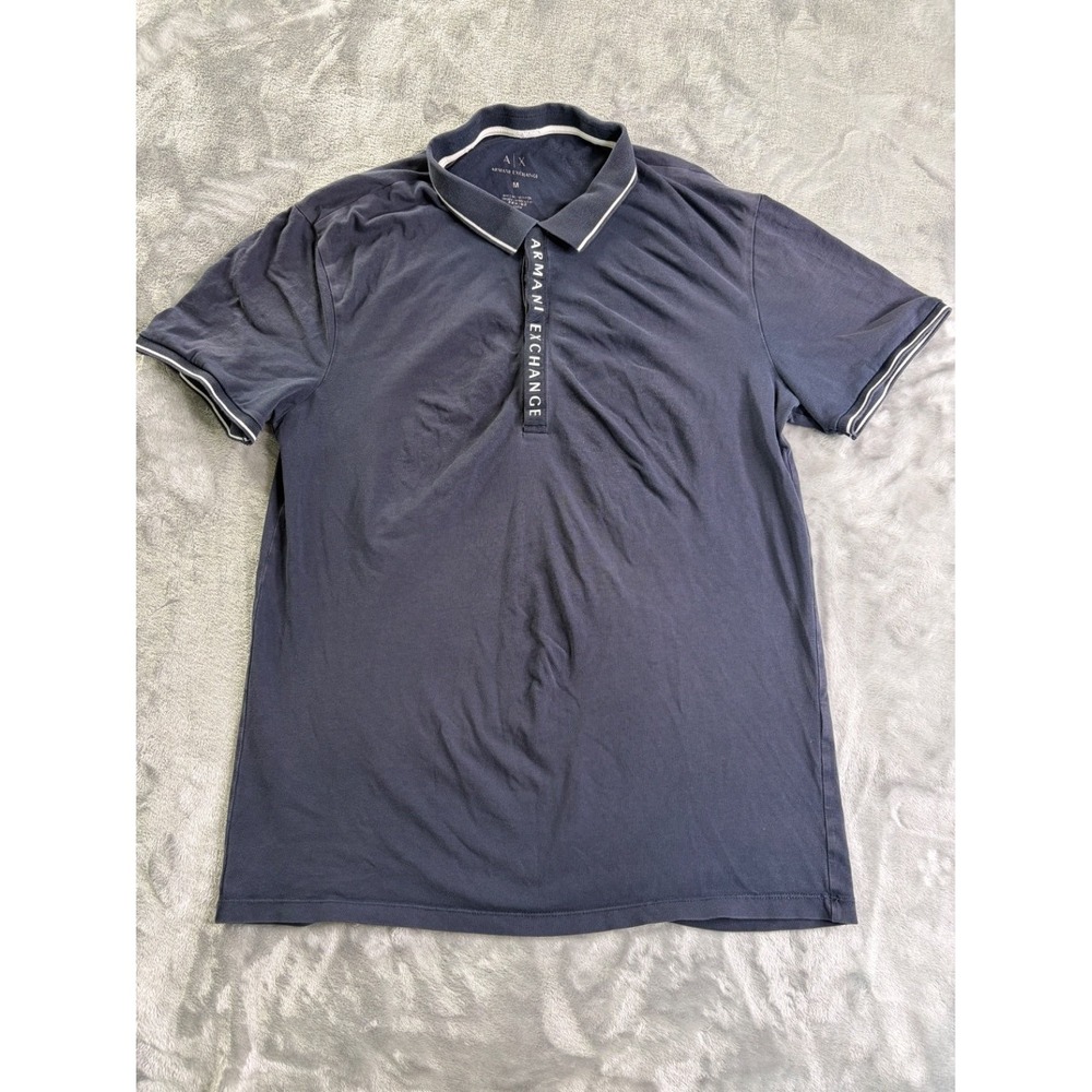 Armani Exchange Men Size M Polo Shirt Navy Blue Logo Placket Tipped Collar